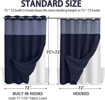 No Hook Shower Curtain and Liner Set,Blue Hotel Waffle Shower Curtain with Liner 75" L x 72" W