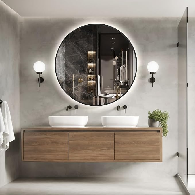Niccy Round LED Bathroom Mirrors, Black Framed Backlit Vanity Mirror, 48" | LED Smart Circle Mirror with 3 Color Lighting, Anti-Fog Lighted, IP65 Waterproof, Wall Mounted Bathroom Vanity