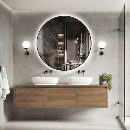 Niccy Round LED Bathroom Mirrors, Black Framed Backlit Vanity Mirror, 48" | LED Smart Circle Mirror with 3 Color Lighting, Anti-Fog Lighted, IP65 Waterproof, Wall Mounted Bathroom Vanity