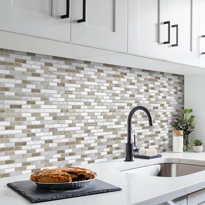 URCOLOR 10-Sheet Peel and Stick Backsplash Tile for Kitchen, 12”×12” Stick on Wall Tile for Bathroom, Beige & White