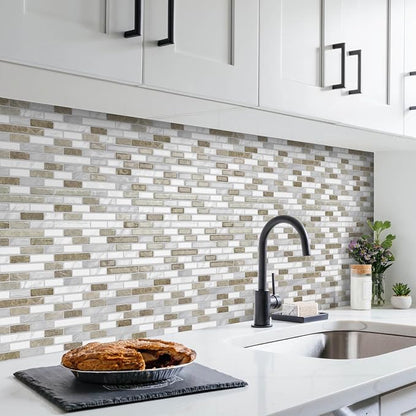 URCOLOR 10-Sheet Peel and Stick Backsplash Tile for Kitchen, 12”×12” Stick on Wall Tile for Bathroom, Beige & White