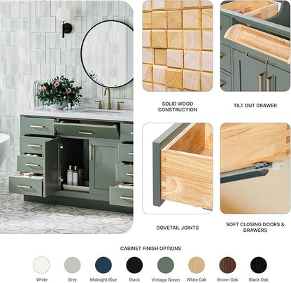 Isabella 60-inch Vintage Green Bathroom Vanity with Center Rectangle Single Sink, Italian Carrara Marble Countertop & Backsplash, Solid Wood Frame, Soft-Closing & Dovetail Drawers