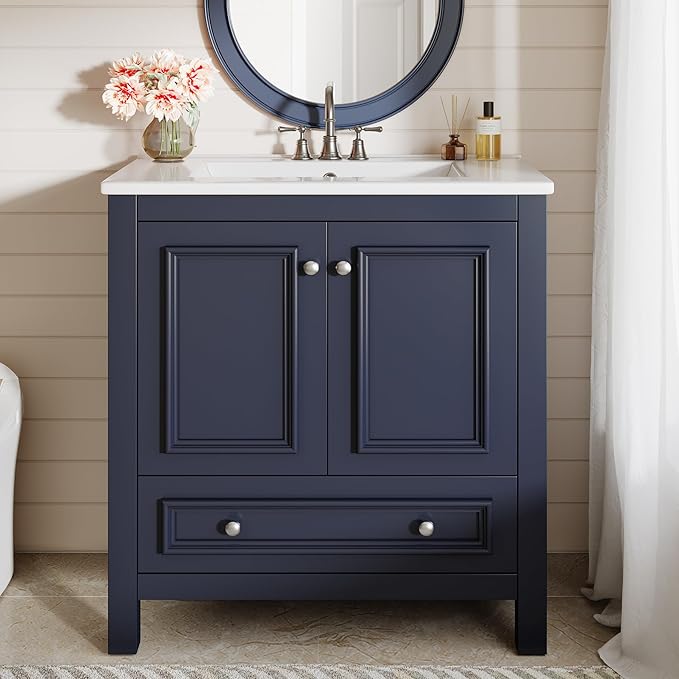 Tribesigns 30" Modern Bathroom Vanity with Sink, Freestanding Bathroom Vanities Cabinet with Ceramic Basin Combo, Bathroom Sink Cabinet with 2 Doors and 1 Drawer, Solid Wooden Frame, Navy Blue