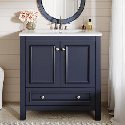 Tribesigns 30" Modern Bathroom Vanity with Sink, Freestanding Bathroom Vanities Cabinet with Ceramic Basin Combo, Bathroom Sink Cabinet with 2 Doors and 1 Drawer, Solid Wooden Frame, Navy Blue