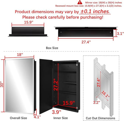 Fundin Black Medicine Cabinet Recessed or Surface Mount, Bathroom Medicine Cabinet with 18 x 30 Beveled Mirror and Adjustable Staggered Shelves, Wall Mount