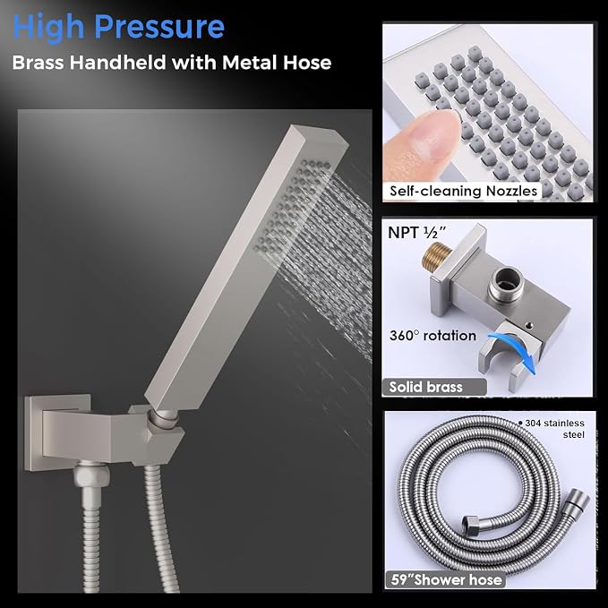 Luxury 20x14in LED Rainfall Mist Dual Shower System Can Run Togther | 4-way Thermostatic Digital Display Brass Valve, Ceiling Flush Showerhead and 6in Tilt Shower, Brass Handheld, Brushed Nickel