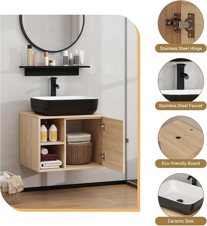 YOURLITE 24" Floating Bathroom Vanity with Sink, Wall-Mounted Bathroom Vanity and Sink Combo with Mirror and Faucet & Pop Up Drain Set, Black and White Ceremic Sink