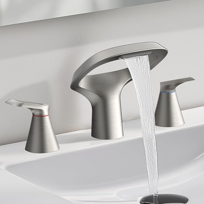Bathroom Faucets for Sink 3 Hole, Bezeit 8 Inch Brushed Nickel Bathroom Faucet, Solid Brass Widespread Bathroom Faucet with Adjustable Waterfall Spout 2 Handles and 2 Supply Hoses