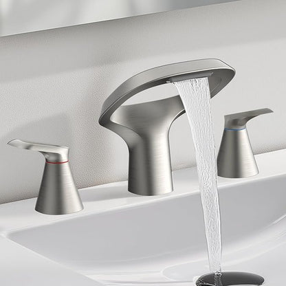 Bathroom Faucets for Sink 3 Hole, Bezeit 8 Inch Brushed Nickel Bathroom Faucet, Solid Brass Widespread Bathroom Faucet with Adjustable Waterfall Spout 2 Handles and 2 Supply Hoses