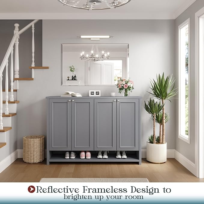 Frameless Bathroom Mirror 32"x48", Beveled Bathroom Mirror | 4mm Tempered Glass Shatterproof Wall Mount Mirrors for Bathroom Vanity Bedroom Entryway, Hangs Horizontally or Vertically