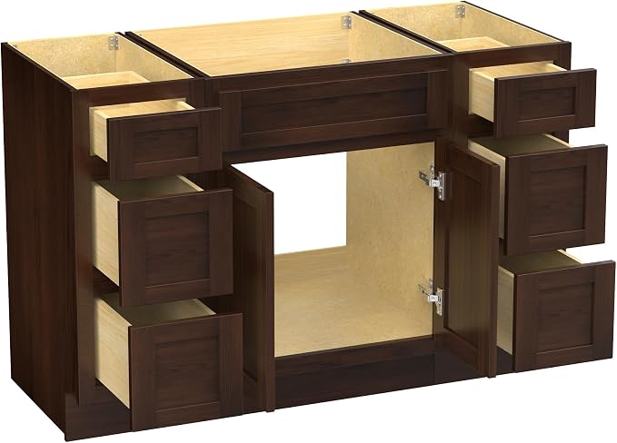 54 Inch Bathroom Vanity Base Only, Single Vanity Cabinet with 5 Dove-Tailed Drawers, Soft-Closing Doors, Brown, Without Top,Small