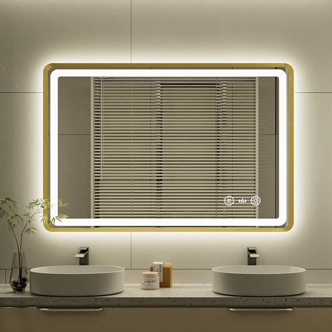 24x36 Inch Gold Framed LED Bathroom Mirror, Smart Bathroom Mirror with Motion Sensor Lights, Anti Fog, Stepless Dimmable & 3 Colors Temperature Adjustment, LED Vanity Mirror for Wall