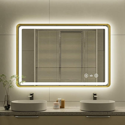 24x36 Inch Gold Framed LED Bathroom Mirror, Smart Bathroom Mirror with Motion Sensor Lights, Anti Fog, Stepless Dimmable & 3 Colors Temperature Adjustment, LED Vanity Mirror for Wall
