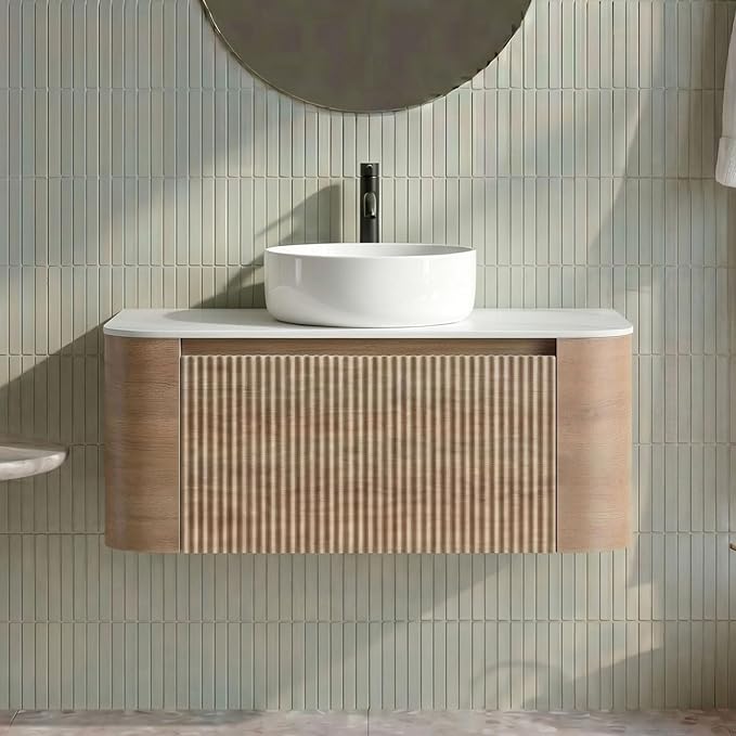 36" Preassembled Floating Bathroom Vanity with Round Sink, Oak | Mid-Century Modern Style, Fluted & Soft-Close Drawer with U-shaped Wall, Sinterted Stone Countertop, Towel Rack Included
