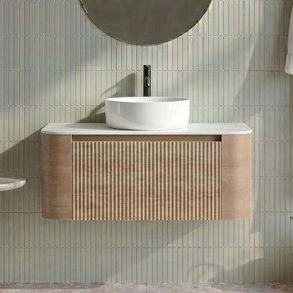 36" Preassembled Floating Bathroom Vanity with Round Sink, Oak | Mid-Century Modern Style, Fluted & Soft-Close Drawer with U-shaped Wall, Sinterted Stone Countertop, Towel Rack Included