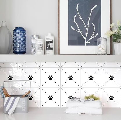 Peel & Stick Tile Stickers 12 PCS Self Adhesive Backsplash Decorative Wall Stickers for Kitchen Bathroom Tile Decals Waterproof & Removable 6" x 6" (Black Paw)