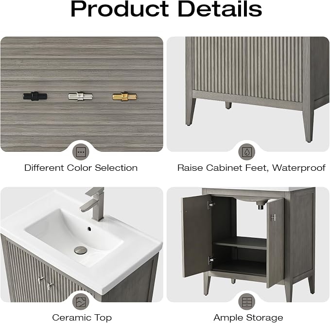 Vanity Art 30 inch Bathroom Vanity with Single Sink & Ceramic Top, Vanity Cabinet with Soft-Closing Door, Solid Wood Frame, Linear Pattern, Driftwood Gray, Golden Brushed Handware VA9130-DG-GB