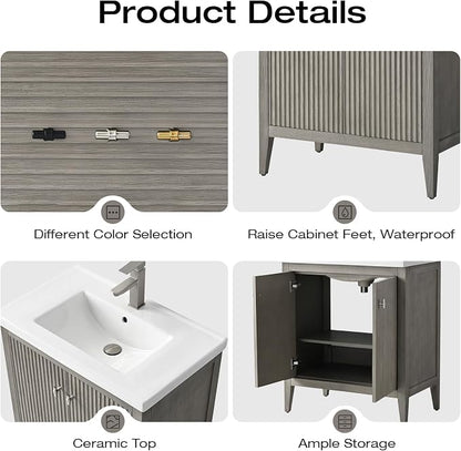 Vanity Art 30 inch Bathroom Vanity with Single Sink & Ceramic Top, Vanity Cabinet with Soft-Closing Door, Solid Wood Frame, Linear Pattern, Driftwood Gray, Golden Brushed Handware VA9130-DG-GB