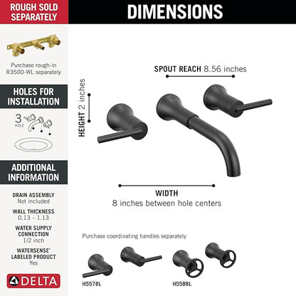 Delta Trinsic Wall Mount Bathroom Faucet 3 Hole, Matte Black Bathroom Sink Faucet for Wall, Matte Black T3554LF-BLLHP-WL (Valve and Handles Not Included)