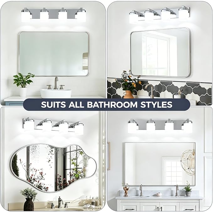 Modern Bathroom Vanity Lights, Bathroom Light Fixtures Over Mirror | 4-light chrome light fixture bathroom with milky white square glass shade, 29" farmhouse lighting fixtures lights for wall