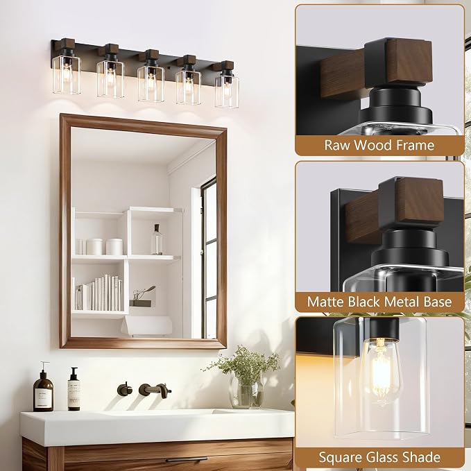 Farmhouse Black 5-Light Bathroom Vanity Light, Square Glass Shade | Vintage Rustic Design, Wood Grain Finish, Matte Black Metal, Wall Mount Over Mirror Lighting Fixtures for Bathroom Restroom