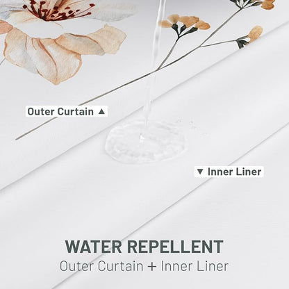 No Hook Floral Shower Curtain with Liner, Plum Flower, 71x74 | Snap in Liner, 3 in 1, Water Repellent, Easy Install, Machine Washable, Hotel Style for Bathroom, Watercolor Pattern
