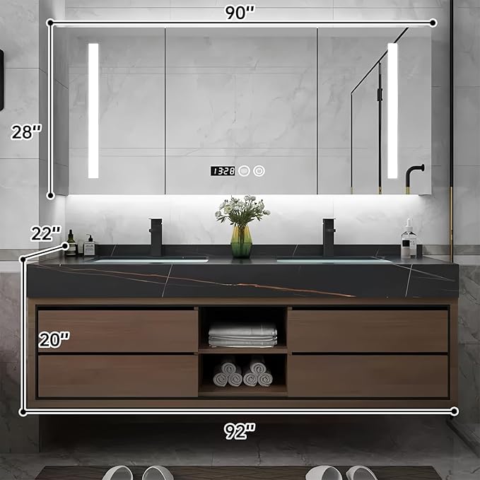 92IN Double Sink Bathroom Vanity, Floating Modern Bathroom Vanity Include Smart Defog Mirror Cabinet with LED Light, Solid Wood Vanities with Integrated Sink and Drawers Storage