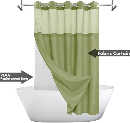 River Dream No Hook Slub Textured Shower Curtain with Snap-in PEVA Liner Set - 71" x 74"(72"), Hotel Style with See Through Top Window, Fabric Outer Curtain & Waterproof Inner Liner, Sage, 71x74