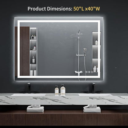 50"x40" LED Bathroom Mirror with Lights, Anti-Fog, Backlit+Frontlit | CRI 95, Stepless Dimmable, 3 Colors Lighting, Shatterproof Tempered Glass, HD Reflection, Memory, (Horizontal/Vertical)