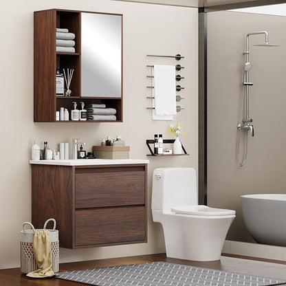 Floating Bathroom Vanity | 24-Inch Modern Walnut Color Lacquer Finish, with Sink, 2 Drawers, Space-Saving Design for Small Bathrooms, Easy Installation