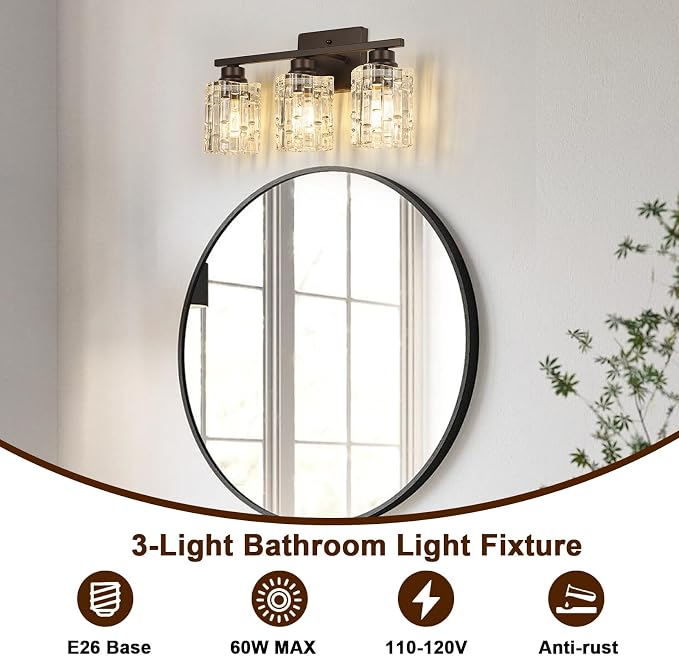 Refice 3-Light Bathroom Vanity Lights Crystal Glass, Oil Rubbed Bronze | Bathroom Light Fixtures Vanity Lighting Over Mirror for Living Room Farmhouse, Hallway