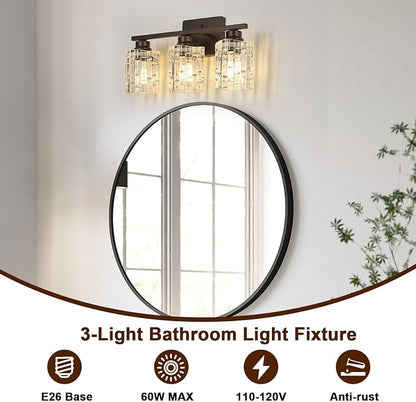 Refice 3-Light Bathroom Vanity Lights Crystal Glass, Oil Rubbed Bronze | Bathroom Light Fixtures Vanity Lighting Over Mirror for Living Room Farmhouse, Hallway