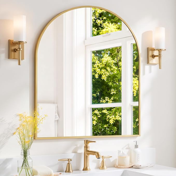 Arched Wall Mirror 38x30 Inch Gold Bathroom Vanity Mirror with Metal Frame | Modern Arch Mirror for Bedroom, Living Room, Entryway, Wall Mounted Decorative Mirror