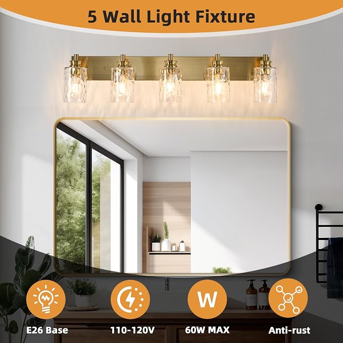5 Light Bathroom Vanity Light Modern Brushed Gold Bathroom Light Fixtures Over Mirror with Hammered Glass Lampshade for Kitchen Hallway