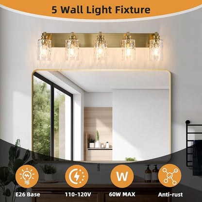 5 Light Bathroom Vanity Light Modern Brushed Gold Bathroom Light Fixtures Over Mirror with Hammered Glass Lampshade for Kitchen Hallway