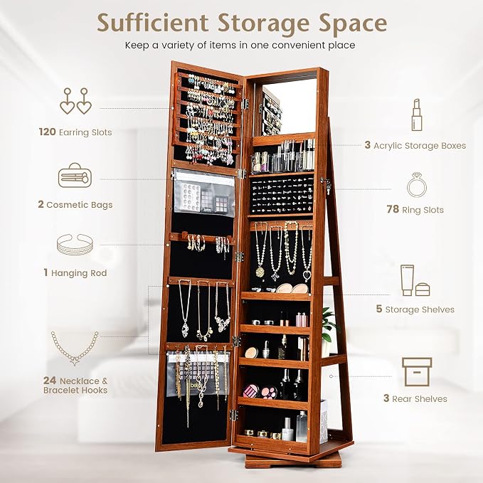 COSTWAY 360 Rotating Jewelry Armoire Cabinet, Standing Jewelry Organizer w/Full-Length Mirror & Large Storage Space, Lockable Mirror Jewelry Cabinet for Girls Women (Walnut)