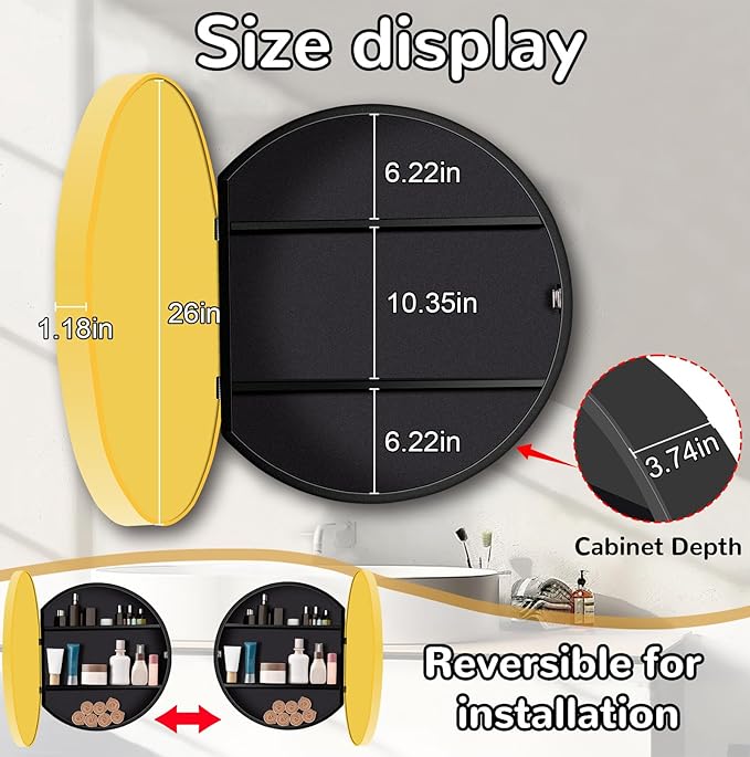 26 Inch Round Medicine Cabinet with Mirror, Gold Bathroom Medicine Cabinet for Wall Metal Framed, Surface Mount Only Circular Storage Cabinet with Vanity Mirror