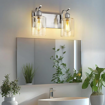 2-Light Bathroom Vanity Light, Brushed Nickel Wall Sconce, Modern Bathroom Light with Clear Glass, VL01BN-2