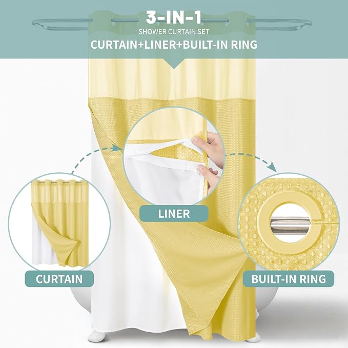 eachope No Hook Waffle Shower Curtain with Snap-in Liner, 71x74 Inch,Yellow | 230 GSM waffle weave fabric, waterproof liner set with 2 bottom magnets, mesh top window, washable, for bathroom or hotel use
