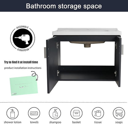 Malwee 28" Floating Bathroom Vanity with Sink, 28 Inch Single Sink Wall Mounted Bathroom Vanity, with 2 Doors and White Ceramic Basin Top, Black Cabinet Set with 3 Color Handles (081-28)