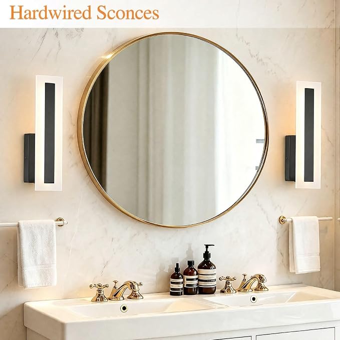 Hardwired Wall Sconces Set of 2 Dimmable Black LED Wall Light | 14Inch Modern Bathroom Vanity Light 3000K 3500K 4000K 5000K 6000K , Indoor Wall Lights for Bedroom, Living Room,Hallway