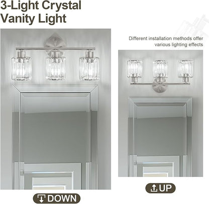 Crystal Bathroom Light Fixtures, Bathroom Lighting Fixtures Over Mirror, Modern 3-Light Brushed Nickel Vanity Lights for Mirror, Restroom, Kitchen(Ceramic E26 Socket,Bulbs Not Include)