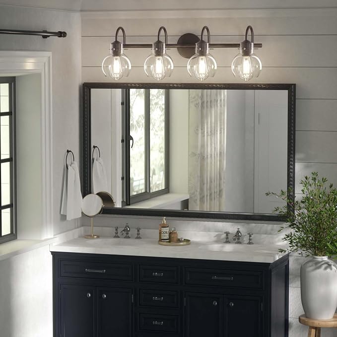 4 Lights Bathroom Vanity Light Fixtures Over Mirror Black Modern | 24in Large Wall Sconce,Matte Black,Globe Glass Shade,E26 Base,UL Certified,Anti-Rust,Damp Rated,Bathroom Bedroom Living Room