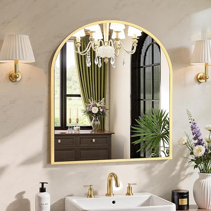 Sweetcrispy 31x32 Bathroom Mirrors for Wall, Arched Mirror for Over Sink | Metal Framed HD Shatter-Proof Glass, Decor Wall Mirror for Entryway, Living Room Bedroom, Gold