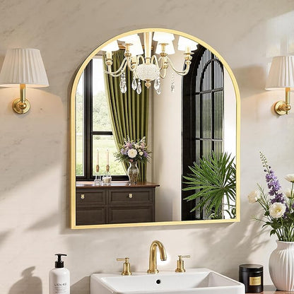 Sweetcrispy 31x32 Bathroom Mirrors for Wall, Arched Mirror for Over Sink | Metal Framed HD Shatter-Proof Glass, Decor Wall Mirror for Entryway, Living Room Bedroom, Gold