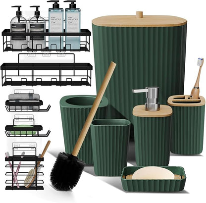 Clara Clark Bathroom Set - Hunter Green Bathroom Accessories Set, 6PC Bathroom Accessory Set, Bathroom Sets with Adhesive Corner Shower Caddy Hanging, Toilet Brush, Trash Can & Soap Dispenser