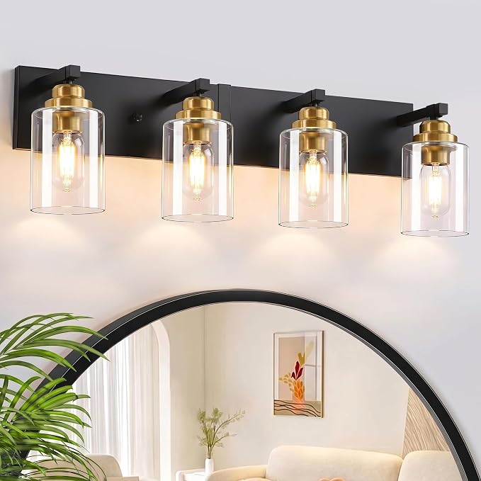 4-Light Black and Gold Bathroom Vanity Light, Clear Glass Shade | 27.5" Wall Mount Over Mirror Lighting Fixtures, Brushed Gold Finish, Durable Metal, Modern Farmhouse Style, for Bathroom