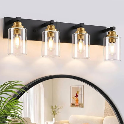 4-Light Black and Gold Bathroom Vanity Light, Clear Glass Shade | 27.5" Wall Mount Over Mirror Lighting Fixtures, Brushed Gold Finish, Durable Metal, Modern Farmhouse Style, for Bathroom