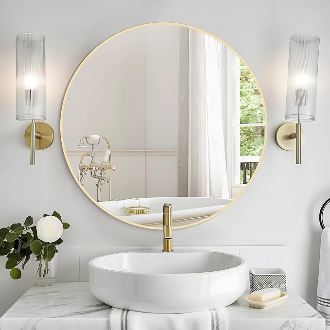 28 inch Round Mirror Gold Large Circle Wall Mirror for Bathroom with Metal Framed, Round Wall Mirror for Wall Decor, Vanity, Entryway Living Room
