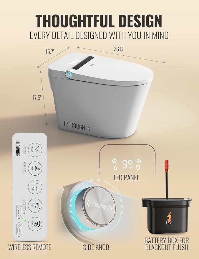 Smart Toilet with Bidet Built in, Luxury One Piece Elongated Bidet Toilet, Auto Open/Close/Flush, Foot Sensor Operation, Built-in Tank & Booster Pump, Heated Seat, Massage Wash, Night Light